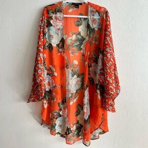 Cejon Boho Sheer Floral Red Orange Blue Cream Kimono Whimsical Feminine Wrap O/S